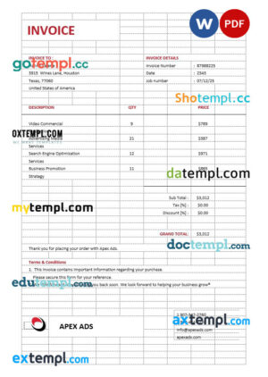 sample Advertising Consultant Invoice template in word and pdf format download