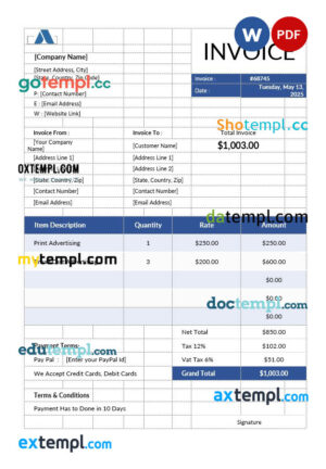 sample Advertising Invoice template in word and pdf format download