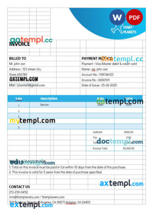 sample Airlines Aviation Services Invoice template in word and pdf format download