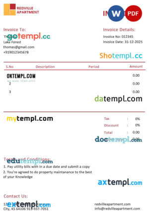 sample Apartment Rental Invoice template in word and pdf format download