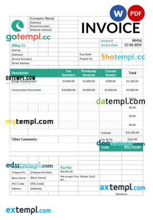 sample Architect Invoice template in word and pdf format download