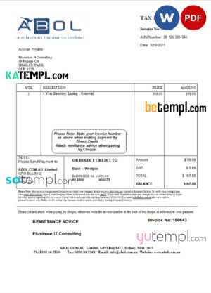 sample Australia ABOL marketing consultancy company invoice template in Word and PDF format, fully editable download