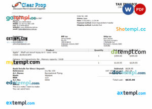 sample Australia Clear Prop Discount Pilot & Aircraft Supplies company invoice template in Word and PDF format, fully editable download