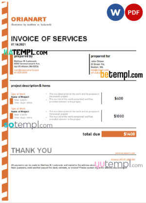 sample Australia Orianart art and design company invoice template in Word and PDF format, fully editable download