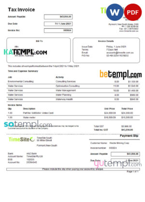 sample Australia TimeSite easy-to-use application invoice template in Word and PDF format, fully editable download