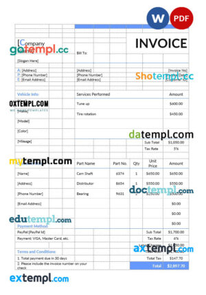 sample Auto Repair Estimate Invoice template in word and pdf format download