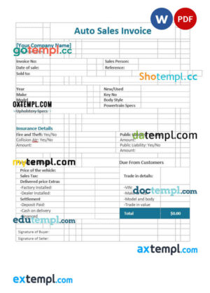sample Auto sales invoice template in word and pdf format download