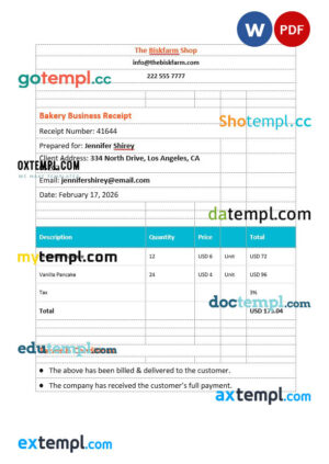 sample Bakery Business Invoice template in word and pdf format download