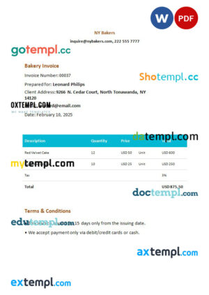 sample Bakery Invoice template in word and pdf format download