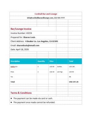 sample BarLounge Invoice template in word and pdf format download