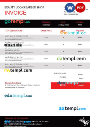 sample Barbershop Invoice template in word and pdf format download