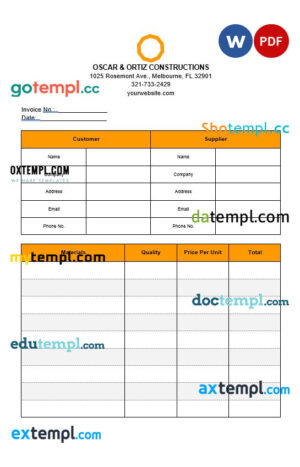 sample Basic Construction Invoice template in word and pdf format download