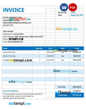 sample Blank Cleaning Service Invoice template in word and pdf format download