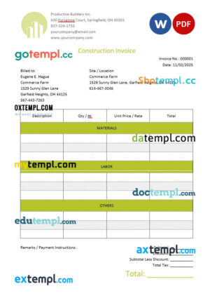 sample Blank Construction Invoice template in word and pdf format download