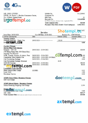 sample China Mobile Limited payment invoice template in .doc and .pdf format, fully editable download