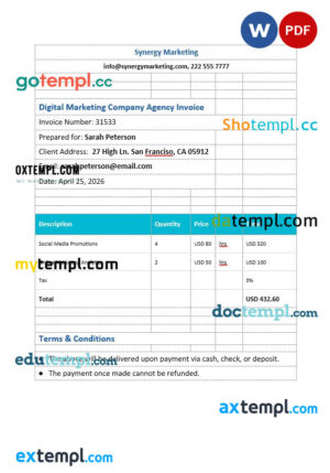 sample Digital Marketing Company Agency Invoice template in word and pdf format download