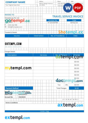 sample Editable Travel Service Invoice template in word and pdf format download