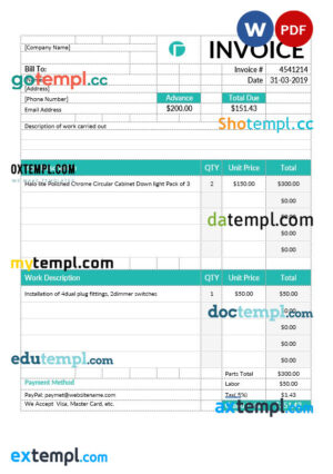 sample Electrical contractor invoice template in word and pdf format download