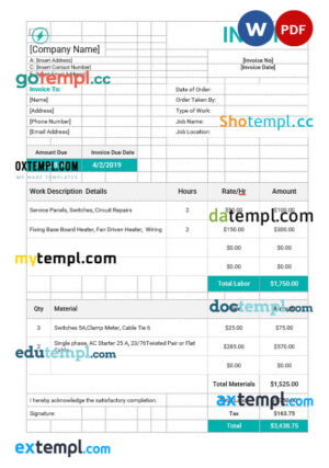 sample Electrical Work Order Invoice template in word and pdf format download