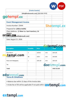 sample Event Management Invoice template in word and pdf format download