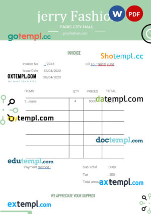 sample Fashion Store Invoice template in word and pdf format download