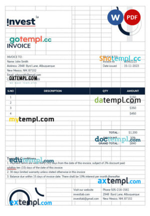 sample Financial advisor Invoice template in word and pdf format download