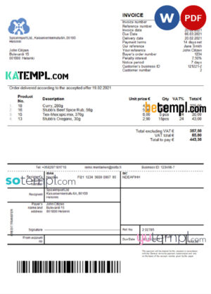 sample Finland SpiceImport Ltd invoice template in Word and PDF format, fully editable download