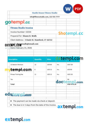 sample Fitness Studio Invoice template in word and pdf format download