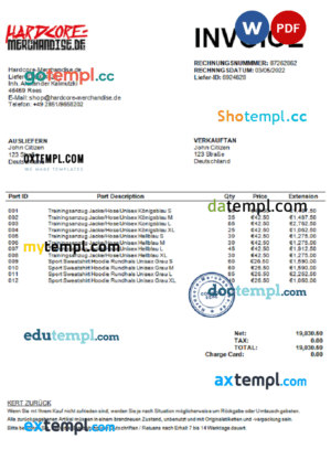 sample Germany Hardcore Merchandise invoice template in Word and PDF format download