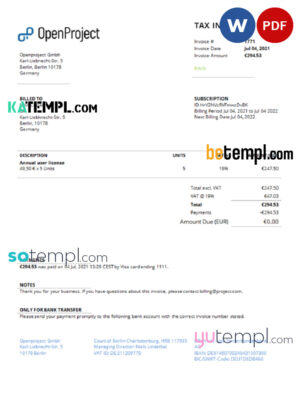 sample Germany OpenProject leading open source project management software invoice template in Word and PDF format, fully editable download