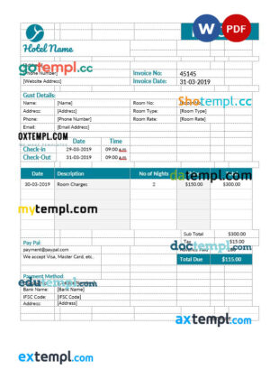 sample Hotel room invoice template in word and pdf format download