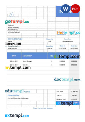 sample Hotel stay invoice template in word and pdf format download