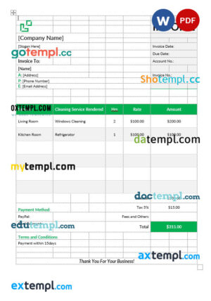sample House Cleaning Service Invoice Template word and pdf format download