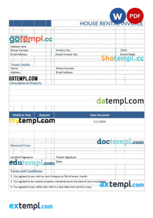 sample House Rental Invoice template in word and pdf format download