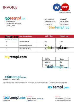 sample Ice Cream Invoice template in word and pdf format download