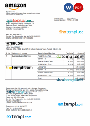 sample India Amazon American multinational technology company invoice template in Word and PDF format, fully editable download