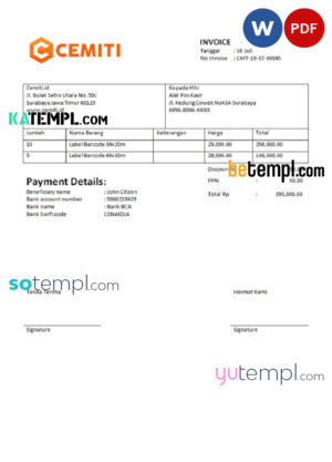 sample India Cemiti sports electronic community invoice template in Word and PDF format, fully editable download