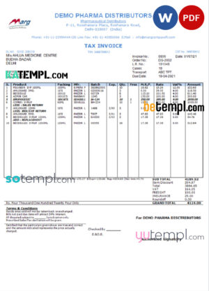 sample India Demo Pharma Distributor medicine consultancy services invoice template in Word and PDF format, fully editable download