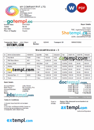 sample India My Company Pvt Ltd invoice template in Word and PDF format, fully editable download