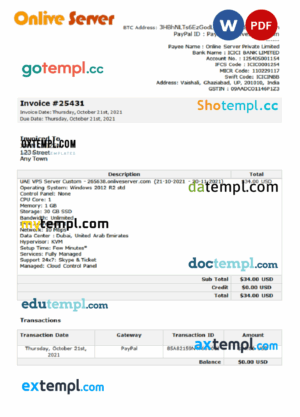 sample India Online Server company invoice template in Word and PDF format, fully editable download