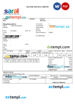 sample India Saral cooperative altimetry technology mission invoice template in Word and PDF format, fully editable download