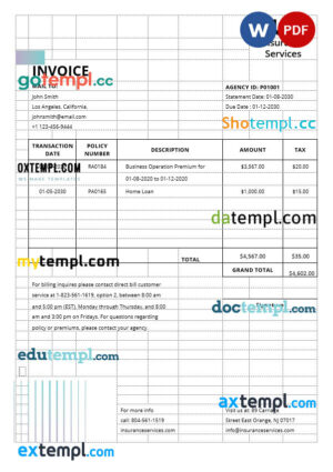 sample Insurance Agency Invoice template in word and pdf format download