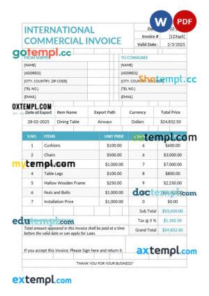 sample International Commercial Invoice template in word and pdf format download