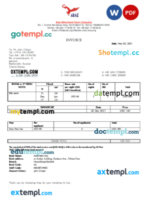 sample Iran Araz Tours Company invoice template in Word and PDF format, fully editable download