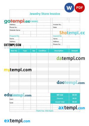 sample Jewelry store invoice template in word and pdf format download