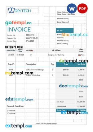 sample Job Invoice template in word and pdf format download