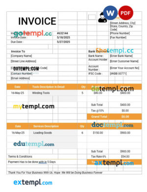 sample Labour Invoice template in word and pdf format download