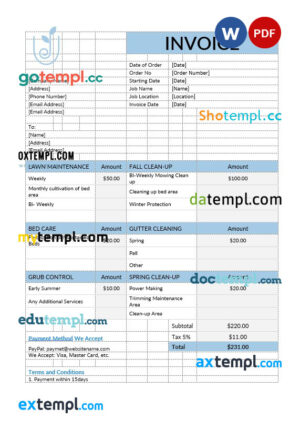 sample Lawn Care Invoice template in word and pdf format download