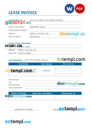 sample lease invoice template in word and pdf format download