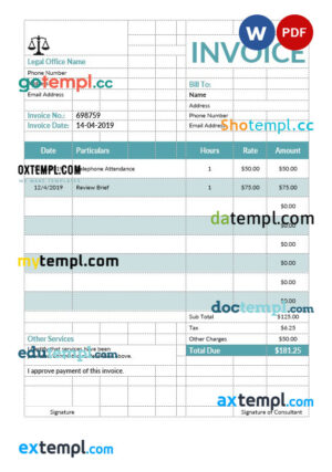 sample Legal consulting invoice template in word and pdf format download